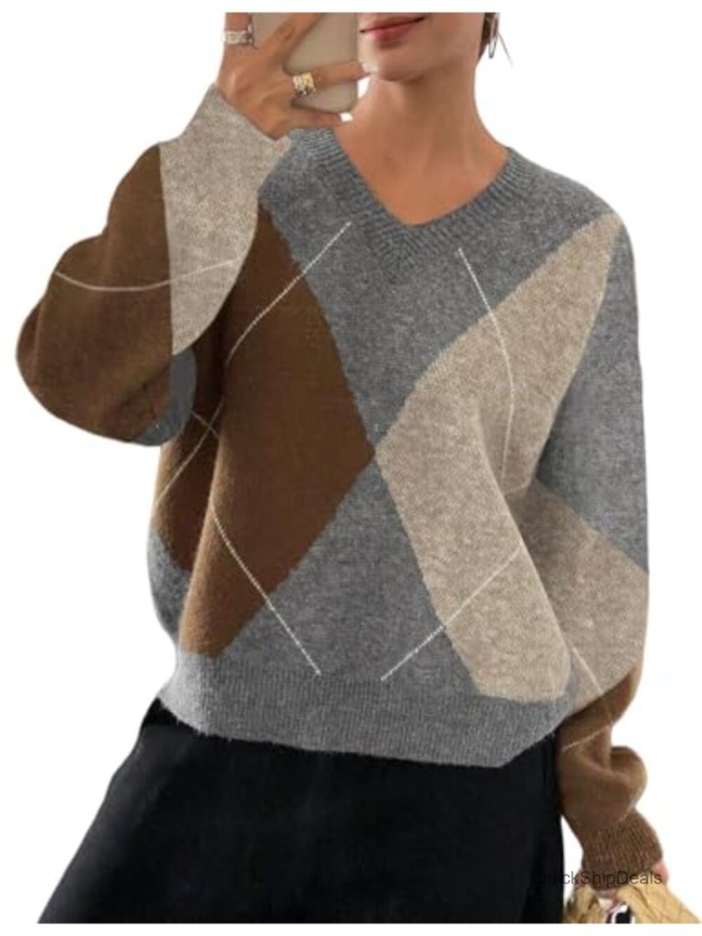Argyle Sweater V-Neck Drop Shoulder Chunky Knit Pullover